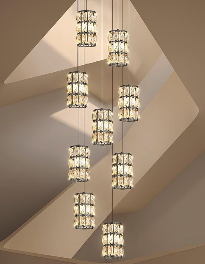 9-Lights Modern Crystal LED Dimmable for Staircase Foyer High Ceiling Chandeliers Hallway Black