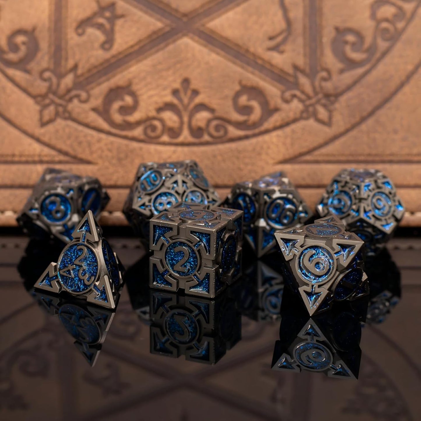 Blue Black Nickel Finish Heavy Metal DND Dice Set (Wizard) with A Metal Box, Sharp Edge Zinc Alloy D&D Accessories, D4-D20, Designed for Dungeons & Dragons Master, RPG Player, Starter