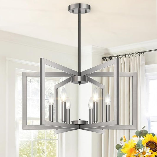25" Modern Brushed Nickel Chandelier for Dining Room, No Assembly Required Brushed Nickel Dining Room Light Fixture Over Table, Industrial Metal Hanging Pendant Lights Fixture for Kitchen Island