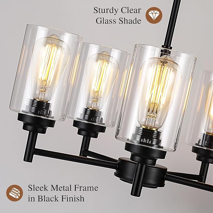 Sucolite 19.8'' 5-Light Chandelier for Dining Room Kitchen Island, Modern Farmhouse Pendant Lighting with Glass Shades Industrial Black Hanging Ceiling Light Fixture for Living Room, Height Adjustable