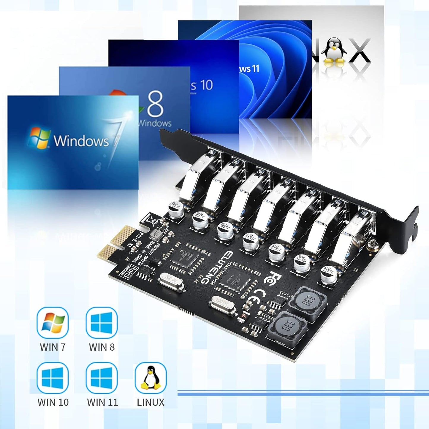 ELUTENG PCIE USB 3.0 Card 7 Ports PCI Expree to USB Expansion Card Super Speed 5Gbps PCI-e USB3 Hub Controller Adapter for Windows 11/10/8/7/XP/Vista