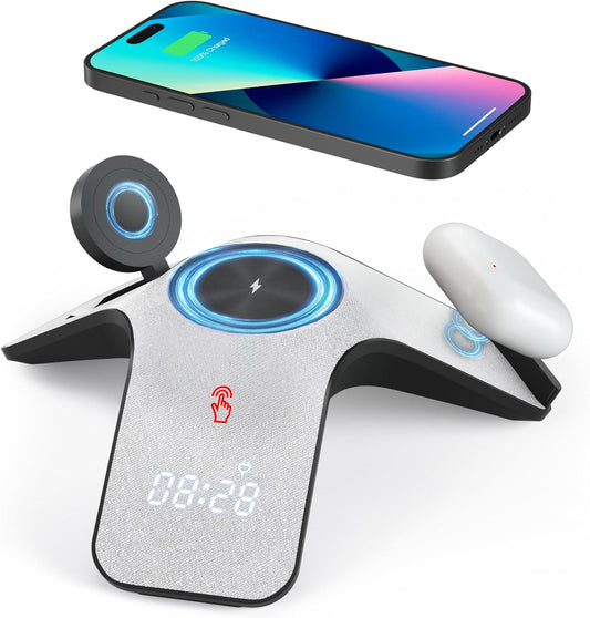 YLF Fast Wireless Charger Station 5 in 1 with Adapter - Wireless Phone Charger Stand with LED and Bluetooth Clock for Samsung Galaxy S23 Ultra/S23/S22/S21(Grey)