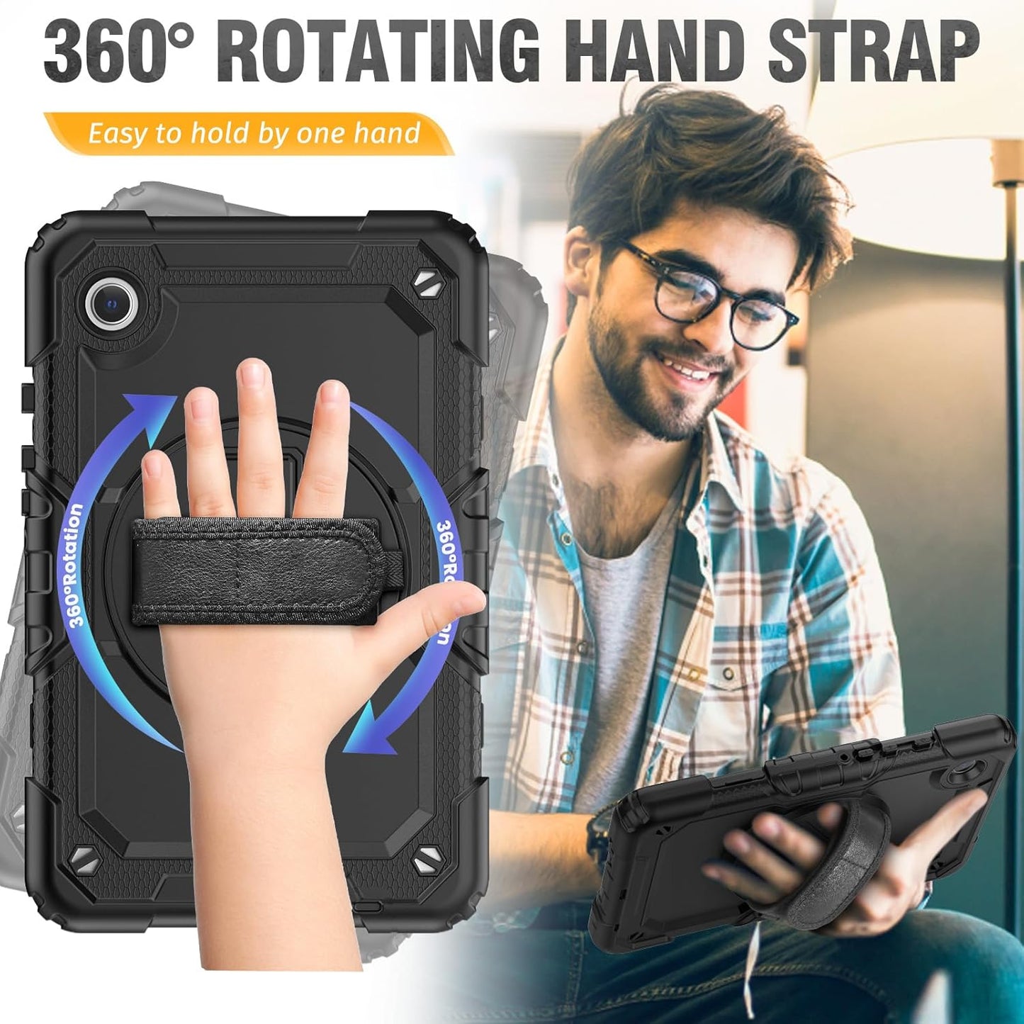 HXCASEAC Case for Samsung Galaxy Tab A7 Lite, Protective with Screen Protector/Hand Strap/Pen Holder, Sturdy A7 Lite Tablet Case, SM-T220 SM-T225 SM-T227, Black
