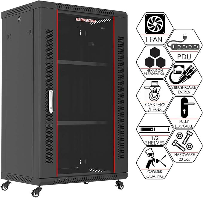 Sysracks - Server Rack – Wall Mount Rack - Locking Cabinet for Network - Electronics - Security - Audio - Video - AV Equipment - Data Rack - Legs/Power Strip/Shelf/Fan - 24-Inch Deep Sysracks… (18U)