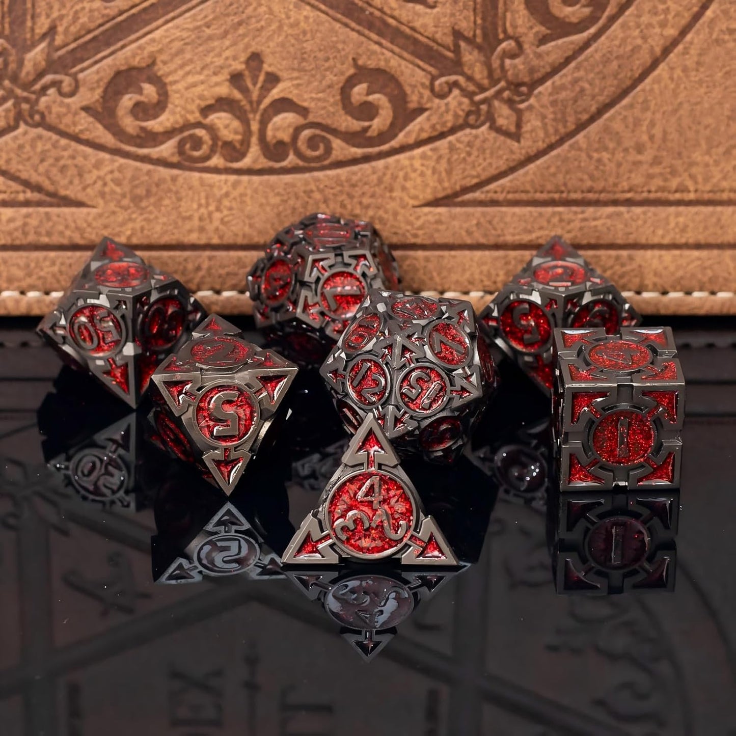 Red Black Nickel Finish Heavy Metal DND Dice Set (Barbarian) with A Metal Box, Sharp Edge Zinc Alloy D&D Accessories, D4-D20, Designed for Dungeons & Dragons Master, RPG Player, Starter