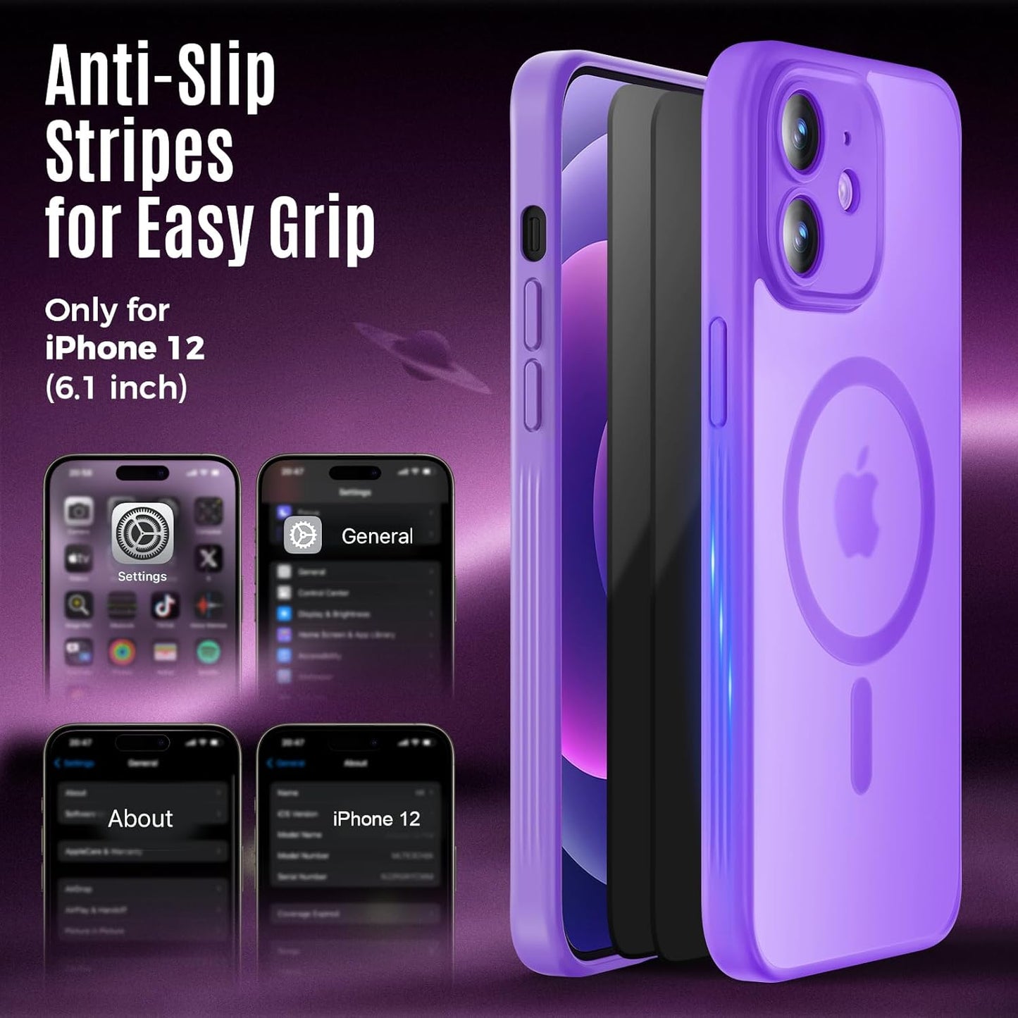Designed for iPhone 12 Case, Compatible with MagSafe, with Privacy Screen Protectors X2, [Camera Protection] [15FT Military Drop Protection] Shockproof Phone Case, 6.1", Light Purple
