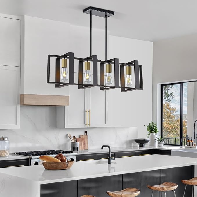 4-Light Black Rectangular Farmhouse Chandelier, 31.4inch Kitchen Island Pendant Light, Industrial Metal Linear Hanging Lighting Fixture for Dining Room, Living Room, Over Table, Foyer, Bar