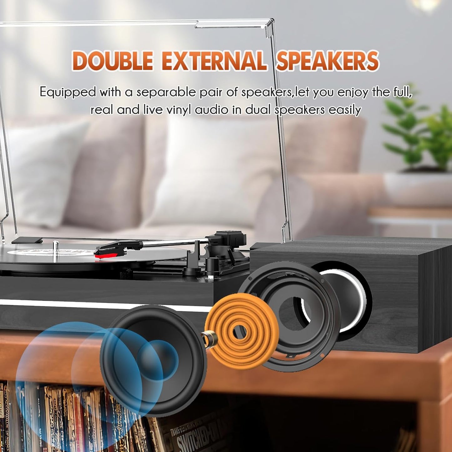 Vinyl Record Player with Dual Separate Stereo Speakers Vintage Turntable with BT Wireless Input Playback Belt Drive 3 Speed 3 Size Playback Record Player Support AUX Headphone Input RCA Out Auto Stop