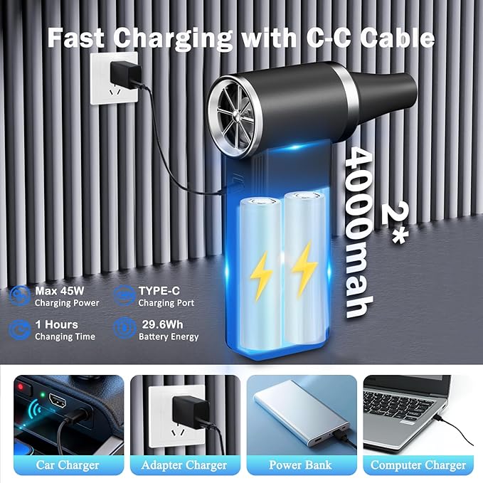 Cordless Electric Air Duster - 180K RPM Brushless Motor, 45W SuperFast Charge, 29.6Wh Rechargeable Battery, 4-Speed Adjustable Dust Blower for PC Cleaning, Electronics, Car & Woodworking, Black