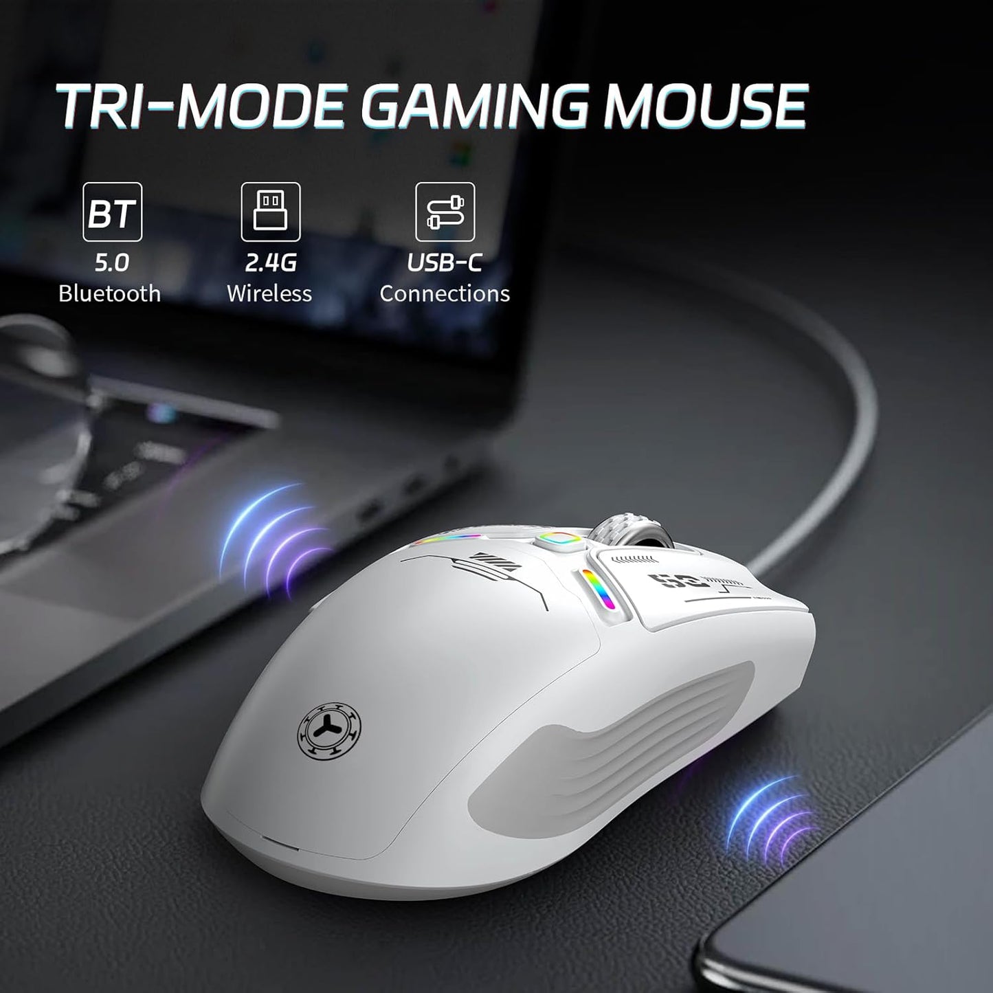 TENMOS M530 Wireless Gaming Mouse, 2.4G/Bluetooth/USB C Wired Rechargeable Mouse, 12000 DPI, RGB, 6 Programmable Buttons, Honeycomb Magnetic Cover, with Receiver Extender for Laptop/PC/Mac, White
