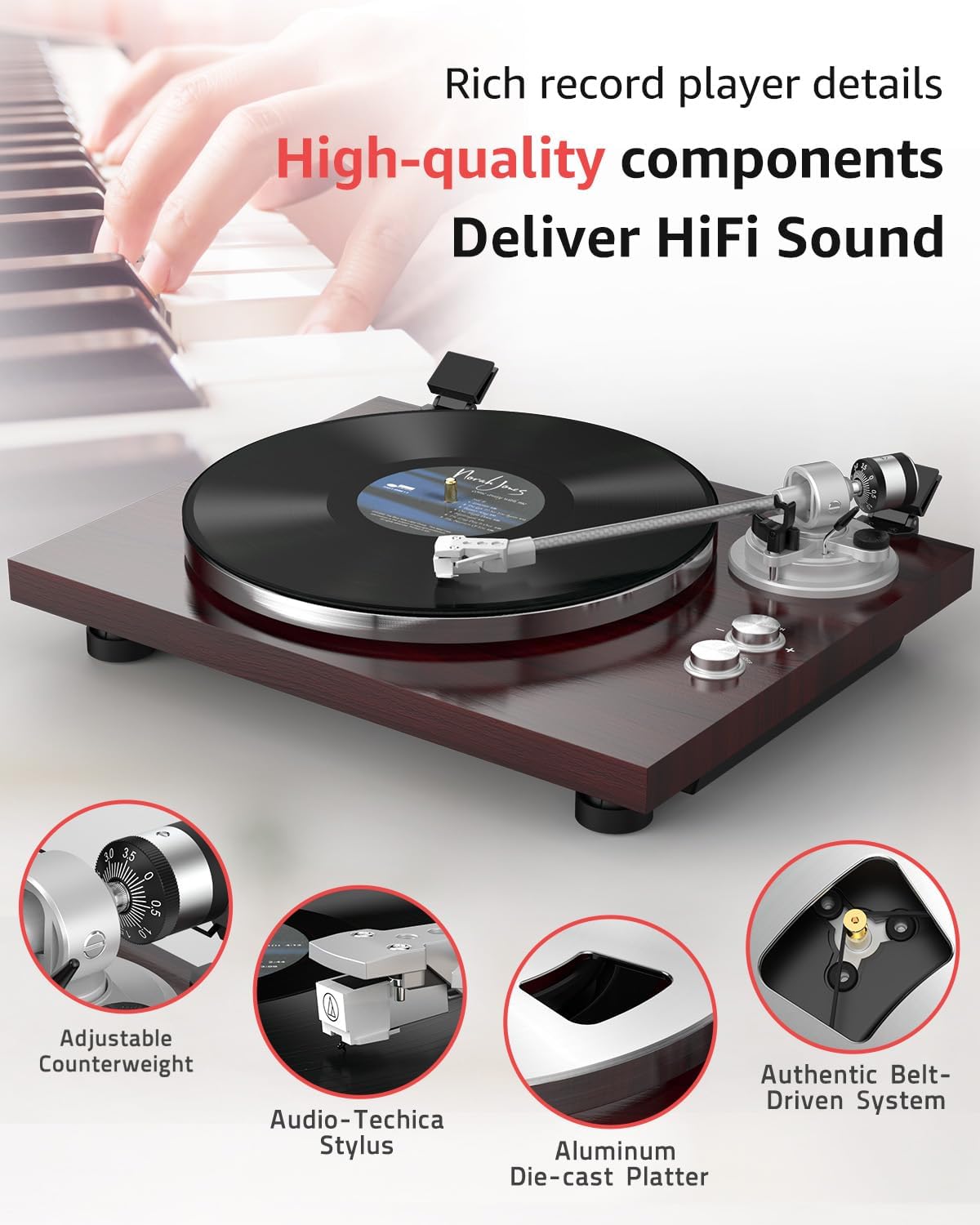 Turntable Record Player Wireless Output Carbon Fiber Tonearm Vinyl Player Aluminium Platter Belt-Drive LP Turn Tables 33 1/3&45 RPM Audio Phono RCA Line Out AT-3600L MM Cartridge Pale Walnut Red