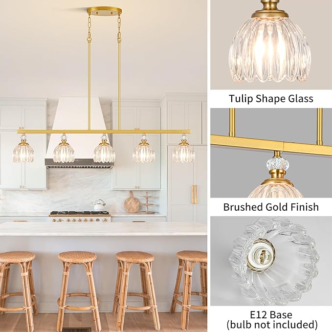 Gold Island Light for Kitchen, 5-Light Linear Chandelier for Kitchen Island with Tulip Glass Shades, Brushed Gold Finish Hanging Light Pendant Fixture Over Dining Table