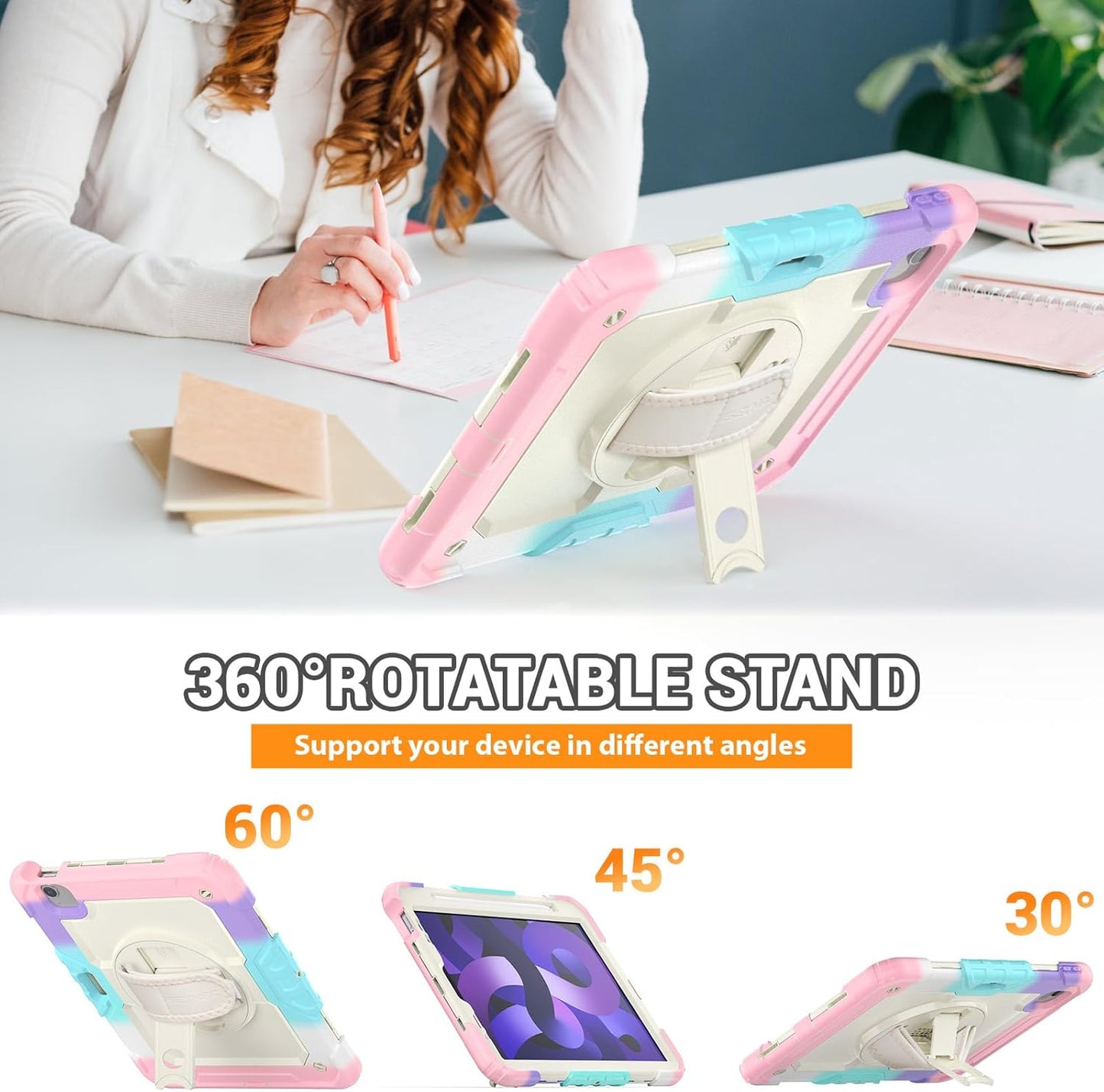 SEYMAC for iPad Air 5th/ 4th Generation Case 10.9", Full-Body Shockproof Protective Case with Screen Protector, Rotating Stand/Handle/Shoulder Strap/Pencil Holder for iPad Air 5/ Air 4, Colorful/Pink