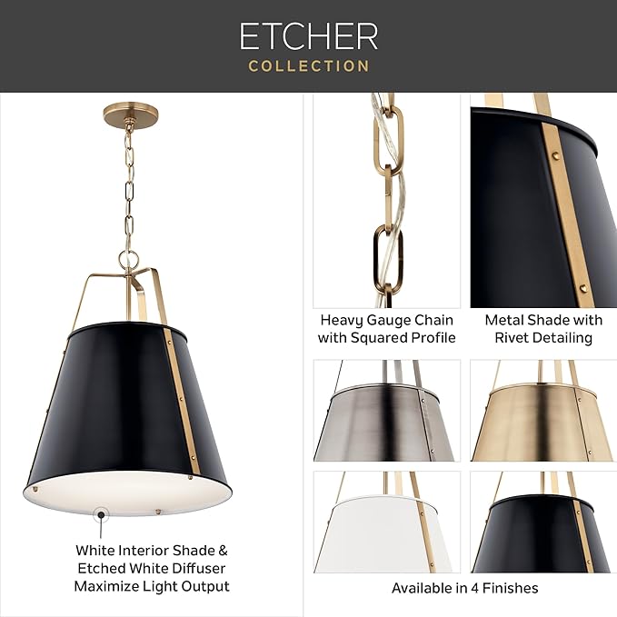 Kichler Etcher 2-Light Pendant, Updated Traditional Light with Etched Painted White Glass Diffuser in Classic Pewter, for Kitchen or Dining Room (22.5" x 18"), 52711CLP