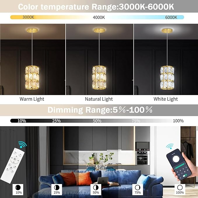 1-Lights Modern Crystal Pendant Lights for Kitchen Island LED Dimmable Glam Pendant Lighting Chandelier for Dining Room Hallway Corner Lamp Gold