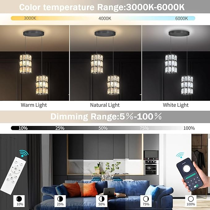 2-Lights Modern Crystal Pendant Lights for Kitchen Island LED Dimmable Glam Pendant Lighting Chandelier for Dining Room Hallway Corner Lamp Black