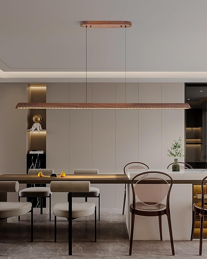 70" Wood Linear Pendant Light, Dimmable Kitchen Island Lighting with Remote, 30W LED Island Lights for Kitchen, Adjustable Linear Chandelier for Dinning Room Light Fixture, Bar, Pool Table - Walnut