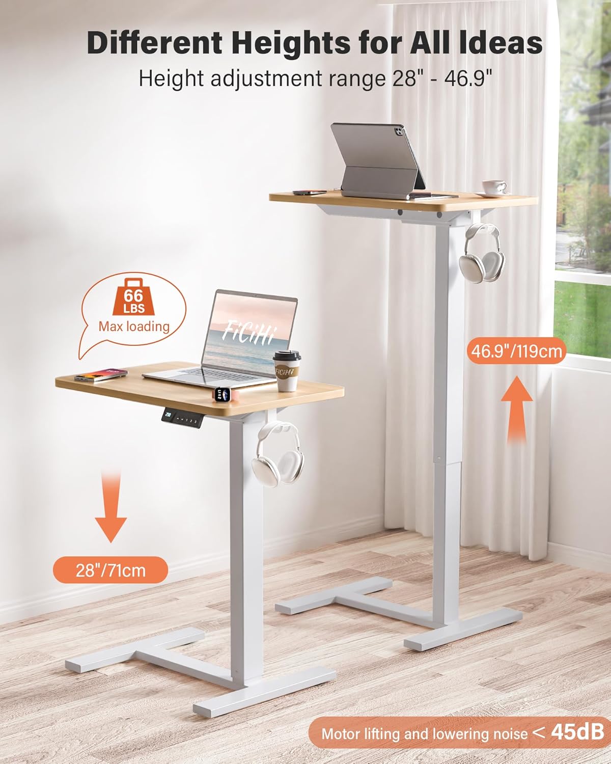 Mobile Standing Desk with Wheels - Electric Height Adjustable Small Movable Laptop Desk, Portable Rolling Computer Sit Stand Side Table for Home Office, Sofa&Bedside Use(27.6",Natural)