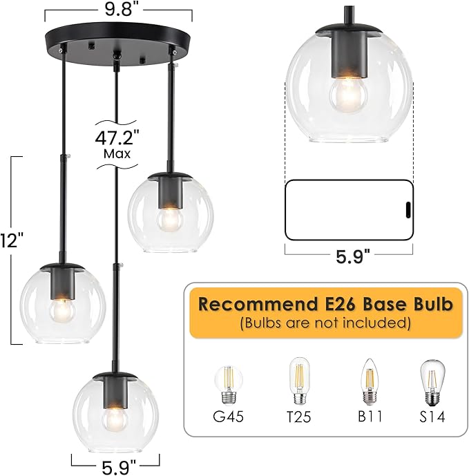 3-Light Black Modern Cluster Pendant Light, Adjustable Height Glass Globe Hanging Chandelier, E26 Base Ceiling Light Fixture for Kitchen Island Dining Room Living Room