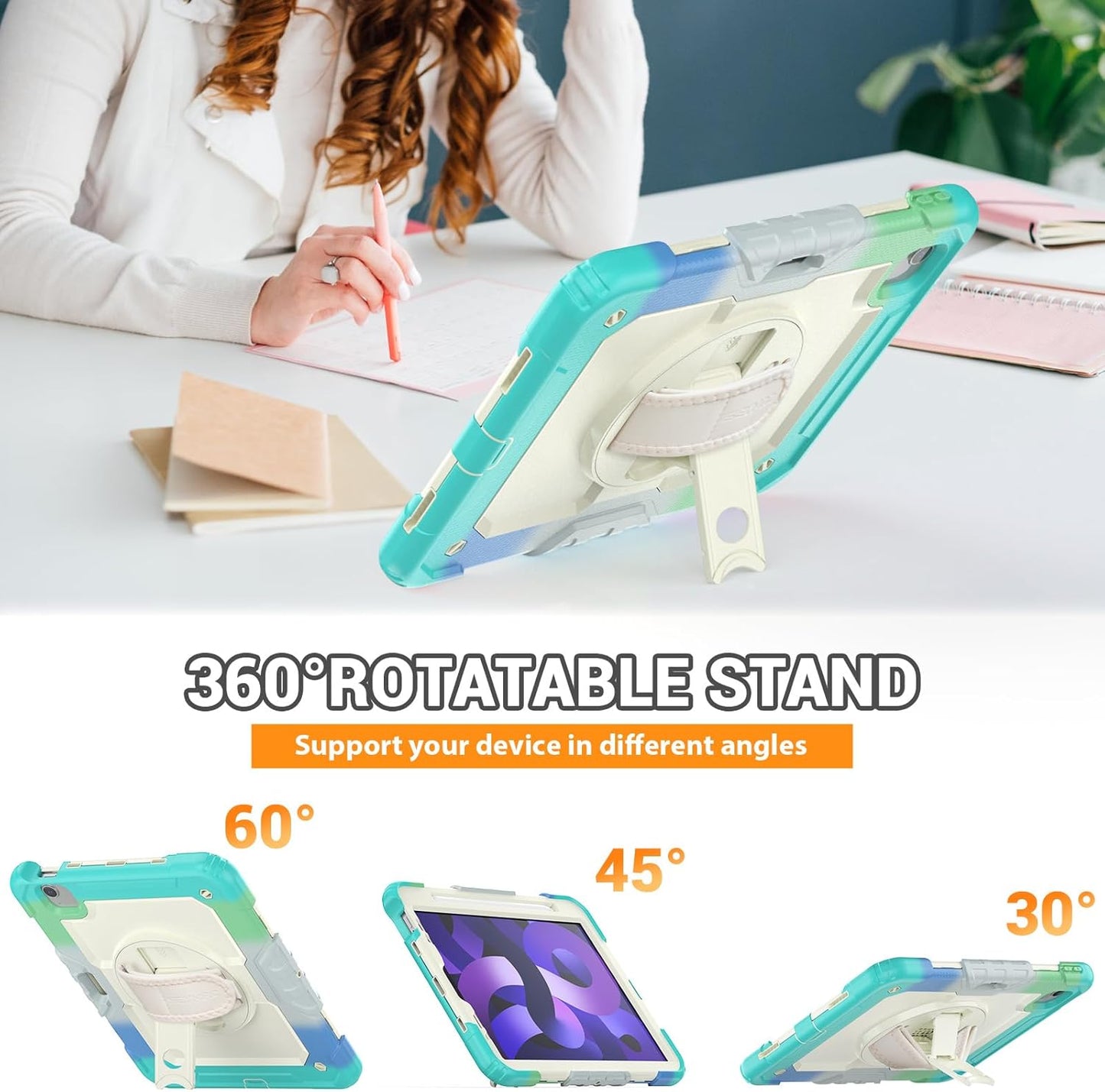 SEYMAC for iPad Air 5th/ 4th Generation Case 10.9", Full-Body Shockproof Protective Case with Screen Protector, Rotating Stand/Handle/Shoulder Strap/Pencil Holder for iPad Air 5/ Air 4, Colorful/Blue