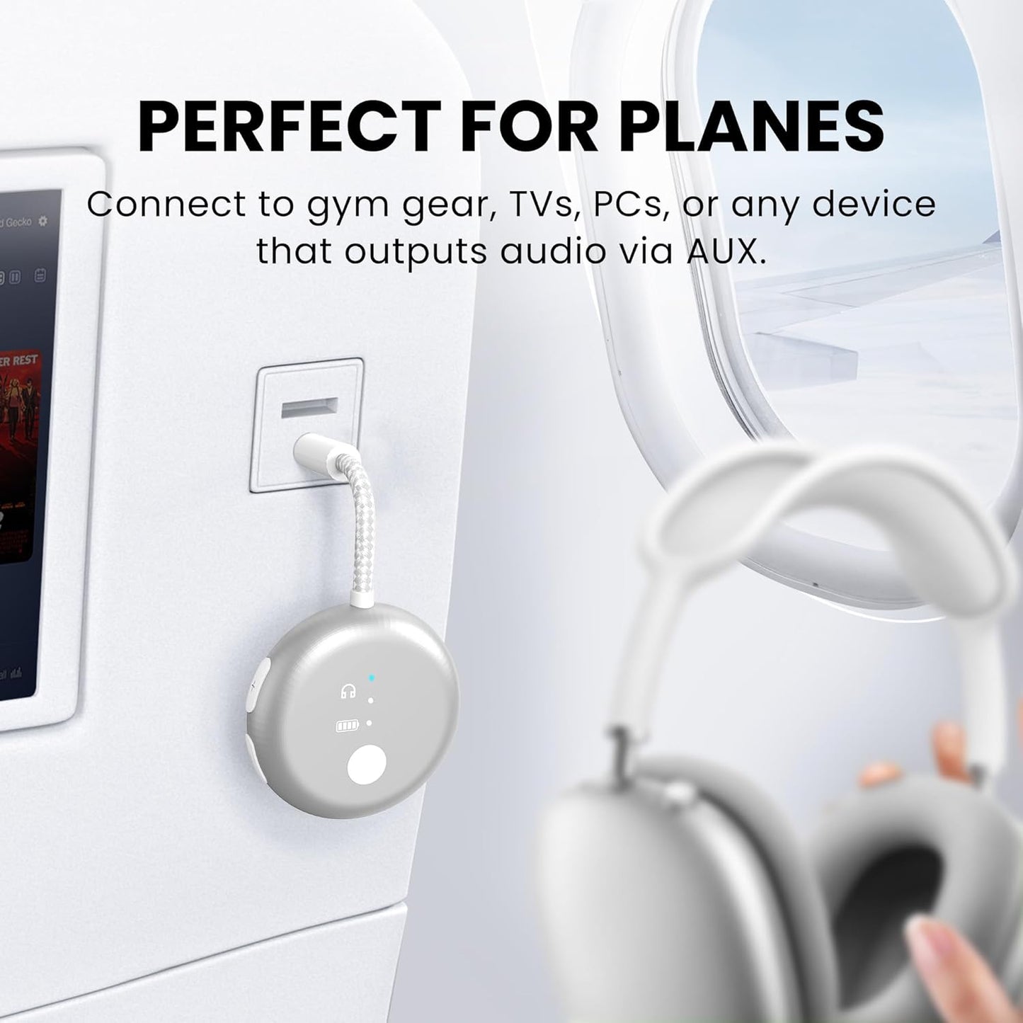 Avantree SoundJet R1 – Airplane Bluetooth Adapter for Headphones & AirPods, aptX Adaptive, Qualcomm Chipset, 20H Battery, Wireless Audio Transmitter for in-Flight Travel Essentials - Silver