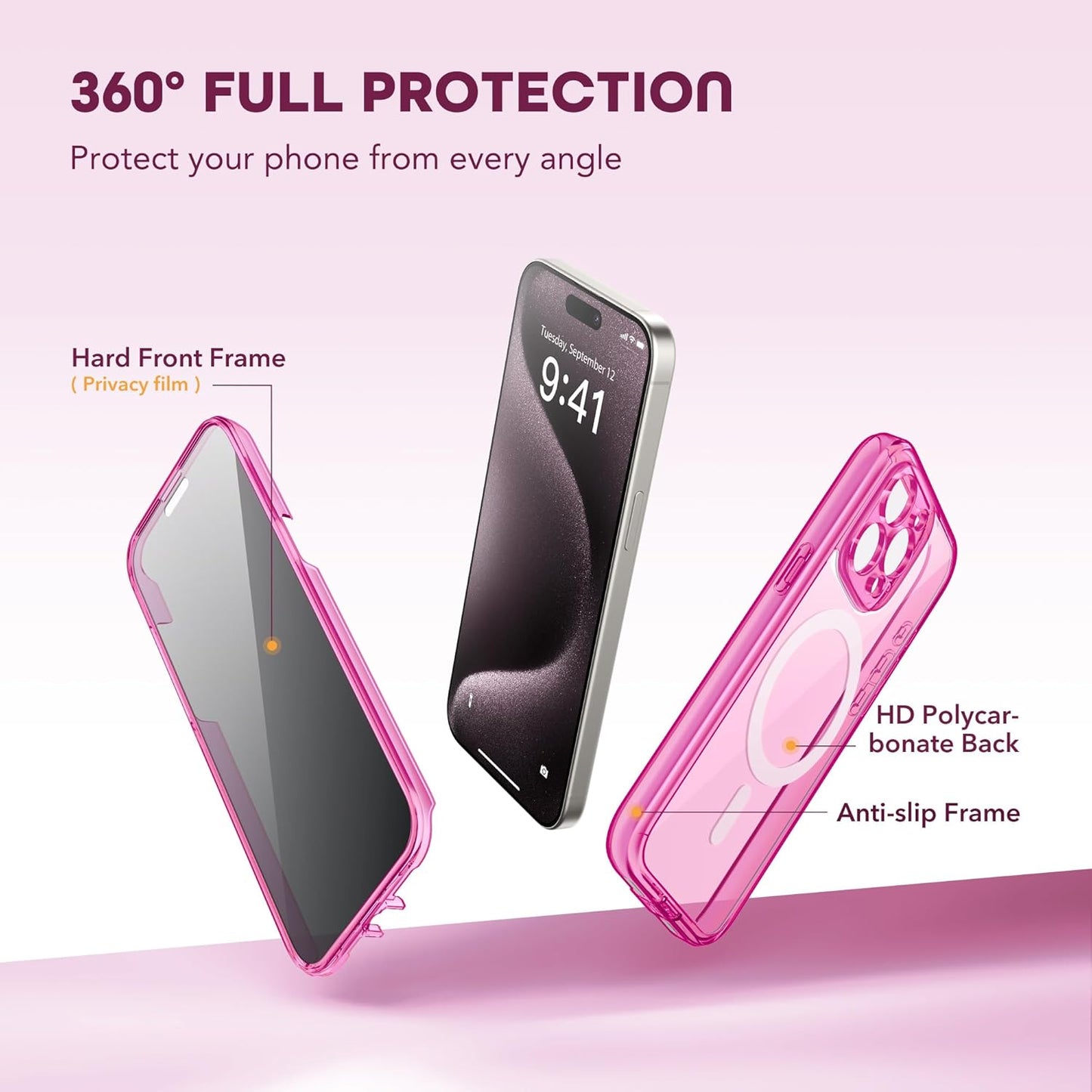 Magnetic for iPhone 15 Pro Max Case, Compatible with MagSafe, Built-in Privacy Screen Protector and Camera Protection, Anti Spy Full Body Dustproof Shockproof Hard Phone Case 6.7",Bright Pink