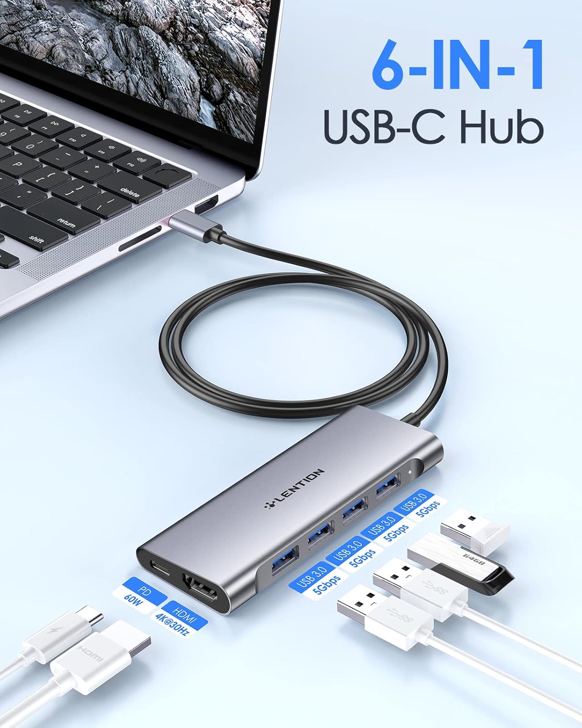 LENTION 3.3FT Long Cable USB C Multiport Hub with 4K HDMI, 4 USB 3.0, Type C Charging Compatible 2024-2016 MacBook Pro, New Mac Air/iMac/Mac Mini, More, Stable Driver Adapter (C35-1M, Space Gray)