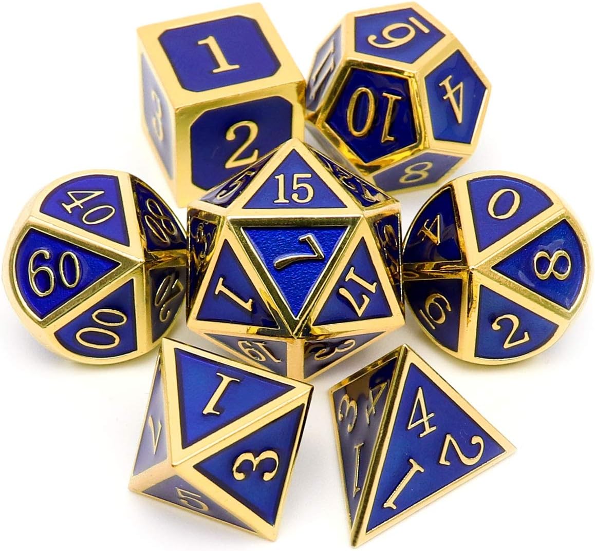 Haxtec Metal DND Dice Set 7 Die Gold Blue Metal D&D Dice Compatible with Dungeons and Dragons Games-Glossy Enamel Dice (Gold Blue)