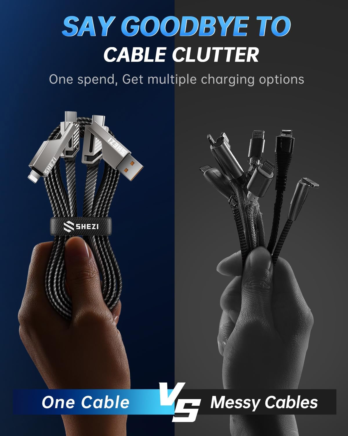 4-in-1 Long USB C Cable 60W 15FT Compatible With Lightning Cable [Fast Charging&Data Transfer] Flat Nylon Braided for iPhone iPad Charger Cord, Multi Charge Wire Combo with L/Type C/USB A Port