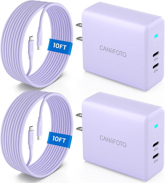 2Port 45W Super Fast Charger Type C, 2Pack 45W USB-C Charger Fast Charging for Samsung Galaxy S24 Ultra/S24+/S24/S23 Ultra/S23+/S22/S20/Note10+ with 2X 10ft Type C Cord (Purple)