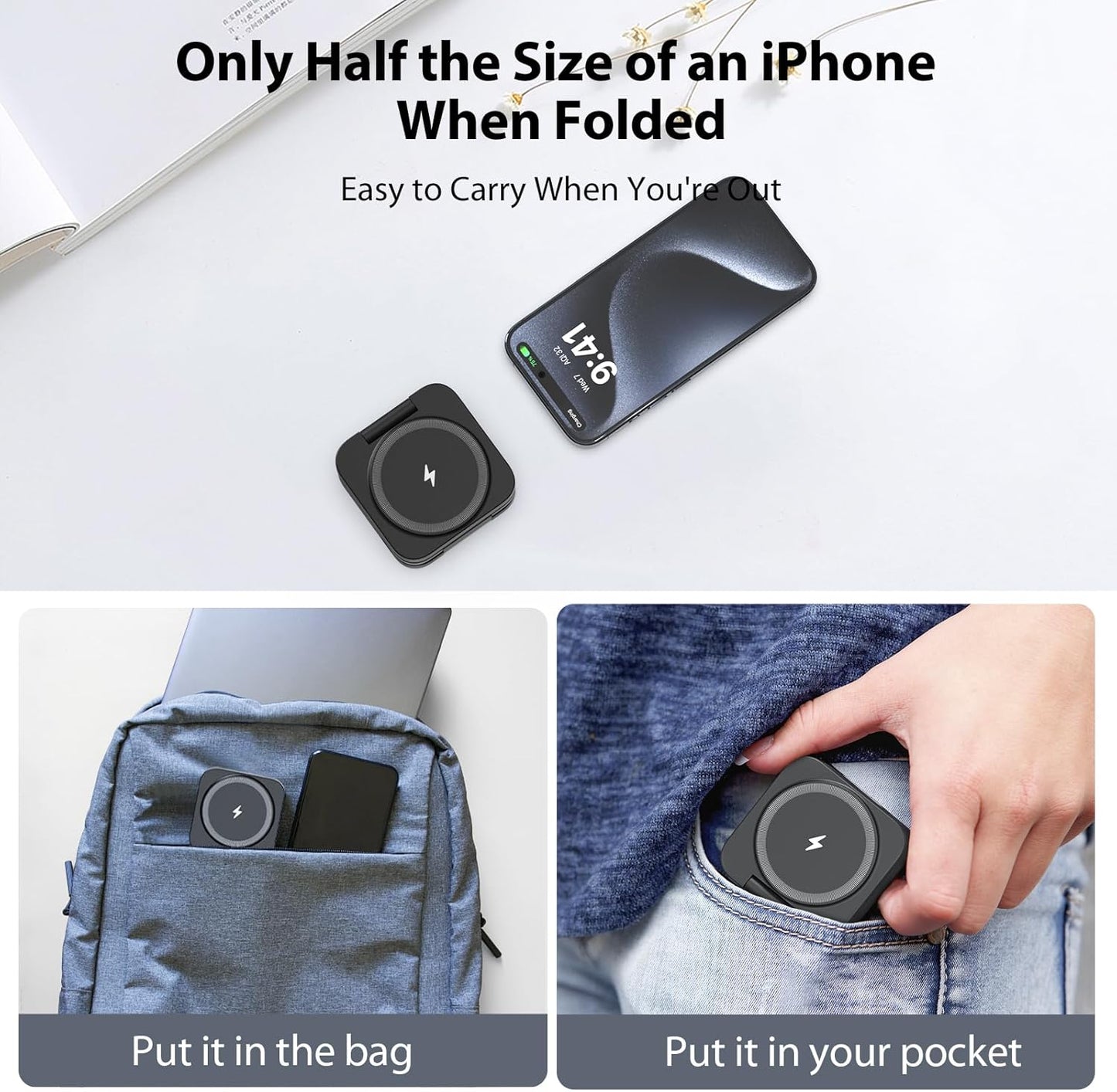 Fast Wireless Charger, Magnetic Foldable 3 in 1 Charging Station for iPhone 16/15/14/13/12/Pro/Plus/Pro Max, 5W Portable Charger for Apple Watch10/9/8/7/6/5/4/3/SE, for Airpods3/2/Pro-Black