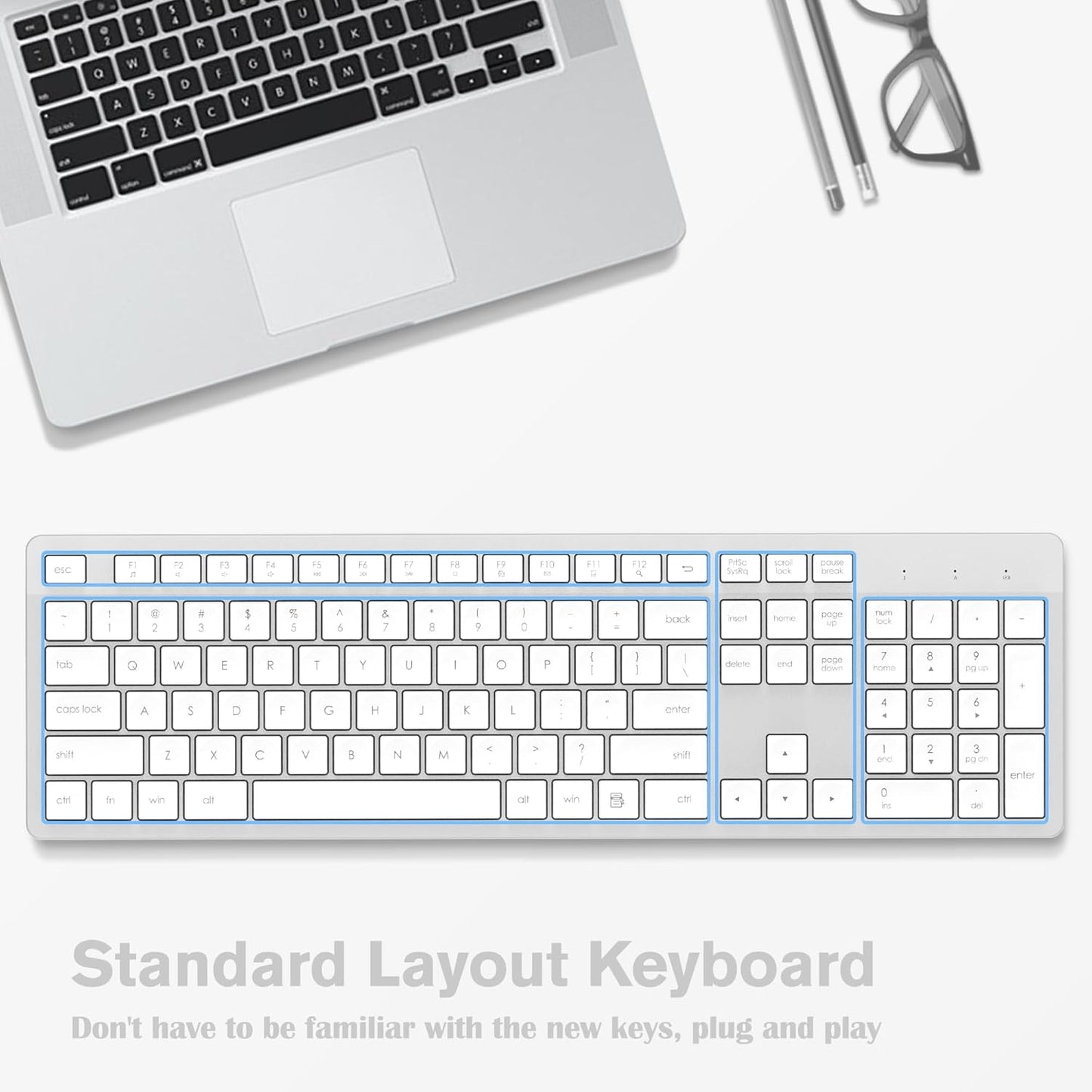 LeadsaiL Wireless Keyboard, 2.4GHz Full-Sized Ergonomic Computer Keyboard, Cordless Noiseless Keyboard,12 FN Shortcuts for Windows MacOS Laptop Computer - White and Grey
