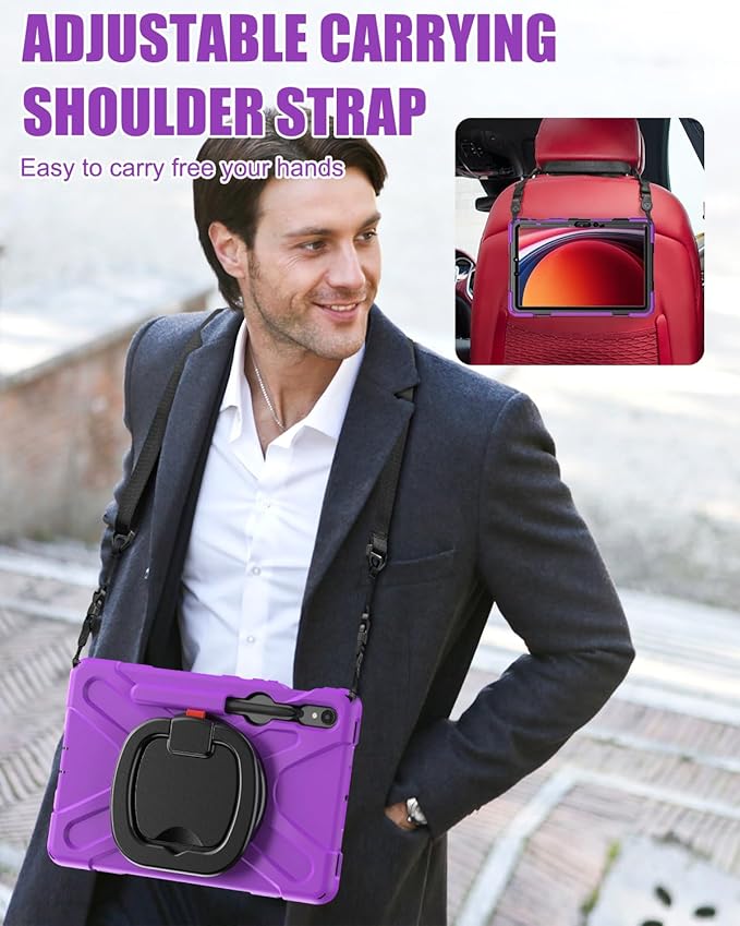 BRAECN Rugged Case for Samsung Galaxy Tab S10 Lite/S10 FE 2025 & S9 FE/S9/S8/S7 10.9/11 Inch | Shockproof Protective Silicone Cover with Rotating Stand, Kickstand, Shoulder Strap & Pen Holder, Purple