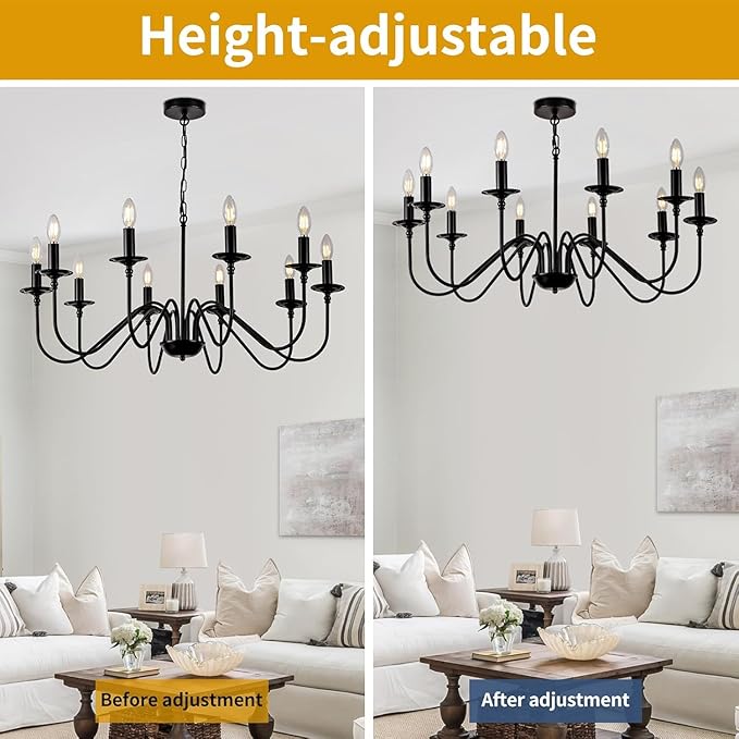 Black Farmhouse Chandeliers, 10 Light S-Arm Modern Candle Hanging Pendant Light, Industrial Rustic Metal Ceiling Kitchen Island Lights for Living Room, Entryway, Foyer, Bedroom, Dining Room