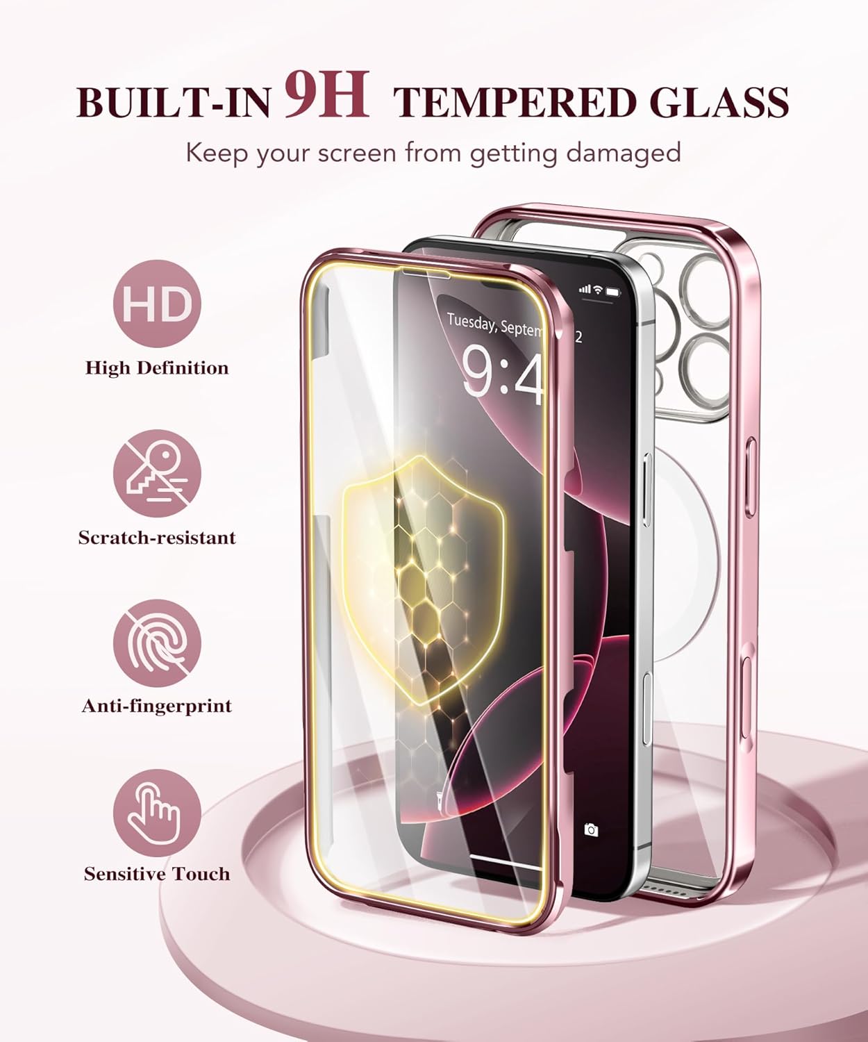 BERFY Magnetic for iPhone 16 Pro Case, Compatible with Magsafe, Built-in 9H Tempered Glass Screen Protector & Upgraded Camera Protection, Full-Body Plating Shockproof Phone Case for 16 Pro 6.3", Pink