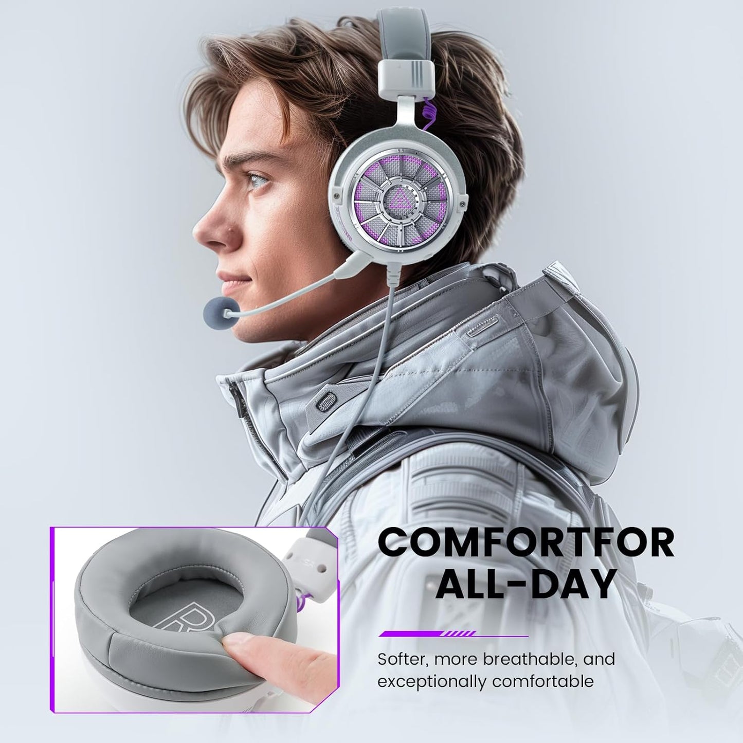 EKSA StarEngine S PC Gaming Headset-Stereo Surround Sound for PS4 PS5 Xbox One Xbox Series X/S, Over Ear Headphones with Noise Cancelling Mic, 50mm Drivers, 3.5mm Wired Headphones for Computer (White)