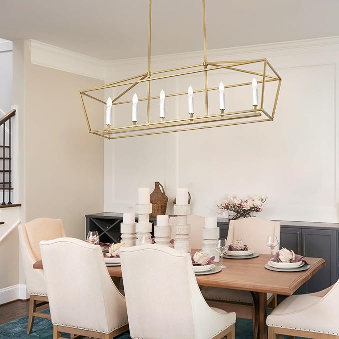 6-Light Gold Large Classic Chandelier Kitchen Island Lighting Over Table, Adjustable Height Pendant Light Fixture, E12 Bulb Base