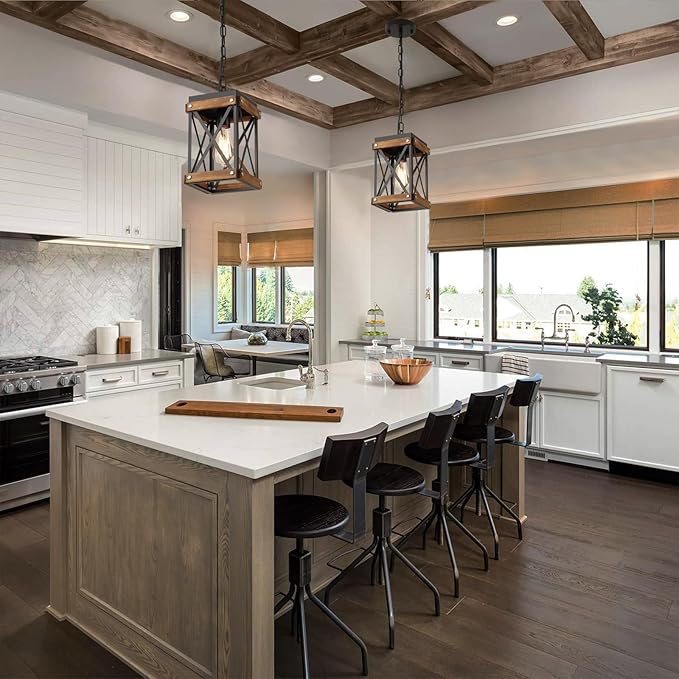 Rustic Farmhouse Wood Pendant Light Fixture One-Light Adjustable Chain Oak Wood and Metal Lantern Cage Small Pendant Lighting for Kitchen Island Sink Hallway Farmhouse Bathroom Bar, Black
