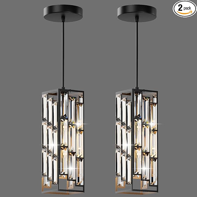 Black Pendant Lights Modern Pendant Light Fixture, Mini Crystal Pendant Ceiling Light, Pendant Light for Kitchen Island, Dinning Room, Bedroom, Kitchen Sink Lighting (2-Pack)