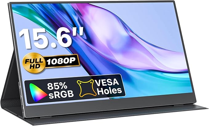 VisionOwl Portable Monitor 15.6 Inch 1080P FHD 85% sRGB Second Screen, USB-C HDMI HDR FreeSync Travel Monitor for Laptop MacBook PC PS5 Xbox, VESA Mountable, with Speakers, Cover Stand, Black