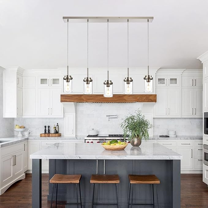 MELUCEE 5 Lights Kitchen Island Lighting Modern Linear Chandeliers for Dining Room, Industrial Brushed Nickel Pendant Light Fixtures Ceiling Hanging with Clear Glass Shade, 37.0 Inches Length