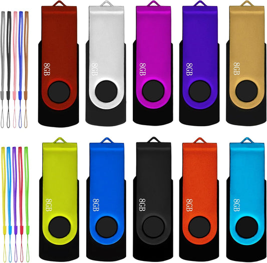 8GB USB Flash Drive 10 Pack, Nicepicten USB 2.0 Thumb Drives Zip Drive USB 8GB Memory Stick Swivel Pendrive Jump Drives Multipack with 10PCS Lanyard for Events Office (Colorful 10Pack 8 GB)