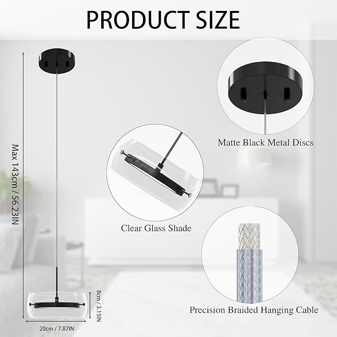Pendant Lights Kitchen Island Dual-Sided LED Lighting, Adjustable Hanging Length,Clear Glass Shade, Dimmable, Modern Ceiling Light Fixture for Dining Room, Bar, Living Room, Matte Black