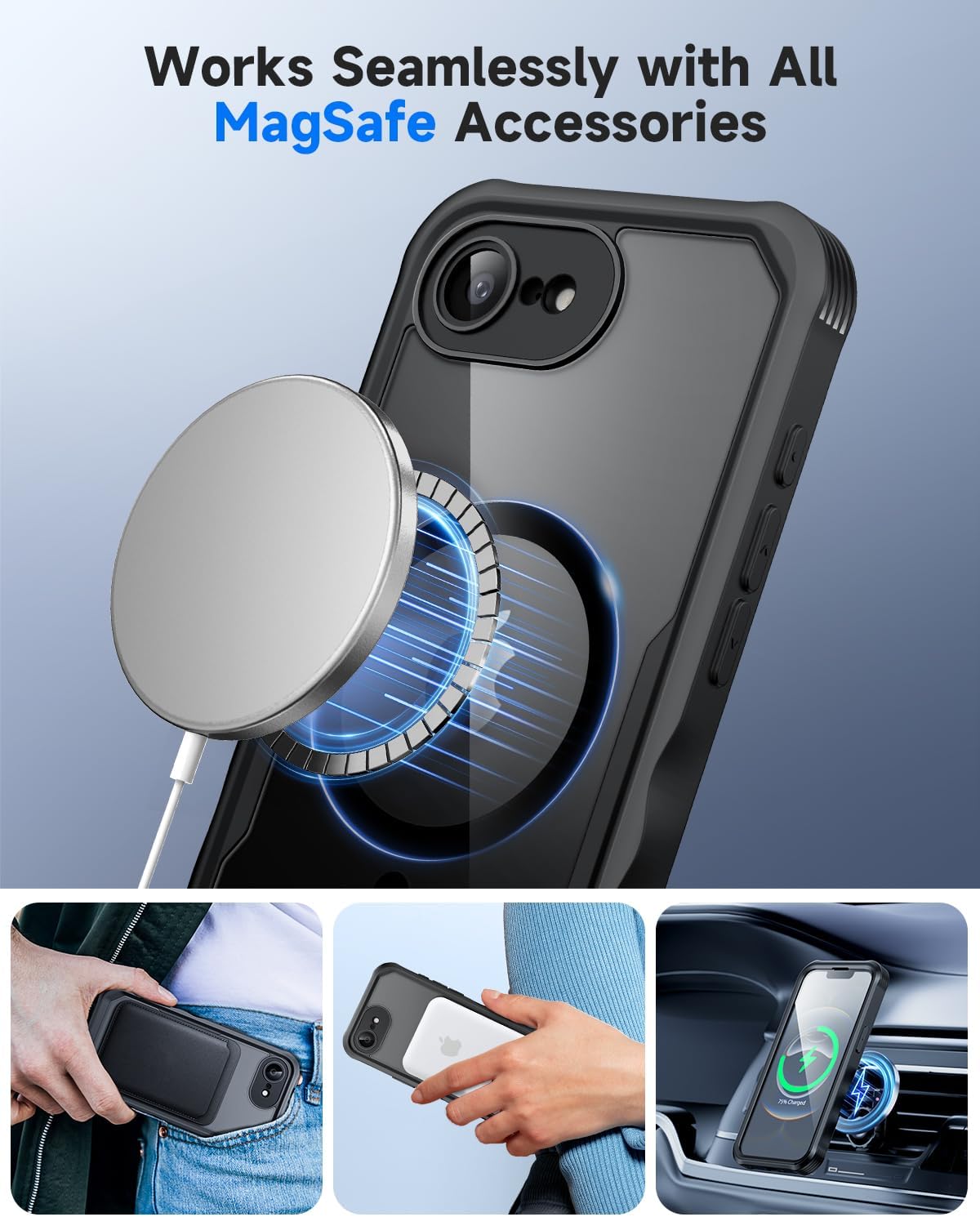 seacosmo for iPhone 16e Case, Full Body Bumper with Built-in 9H Tempered Glass Privacy Screen Protector and Camera Lens Protection, Compatible with MagSafe, Shockproof 16 e Phone Case, 6.1", Black