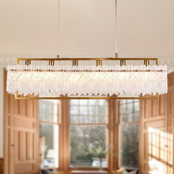 Dining Room Light Fixture 32'' Modern 6-Light Gold Chandelier for Dining Room with E12 Base Compatible with 3000K~6000K (No Bulbs) Linear Farmhouse Lighting for Kitchen Island and Living Room
