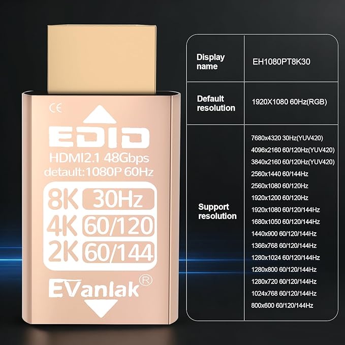 EVanlak HDMI EDID Emulator Adapter Dummy Plug, Virtual Display Headless Ghost HDMI Passthrough 1080P@60Hz to 8K@30Hz, Bi-Directional, Gold-1P