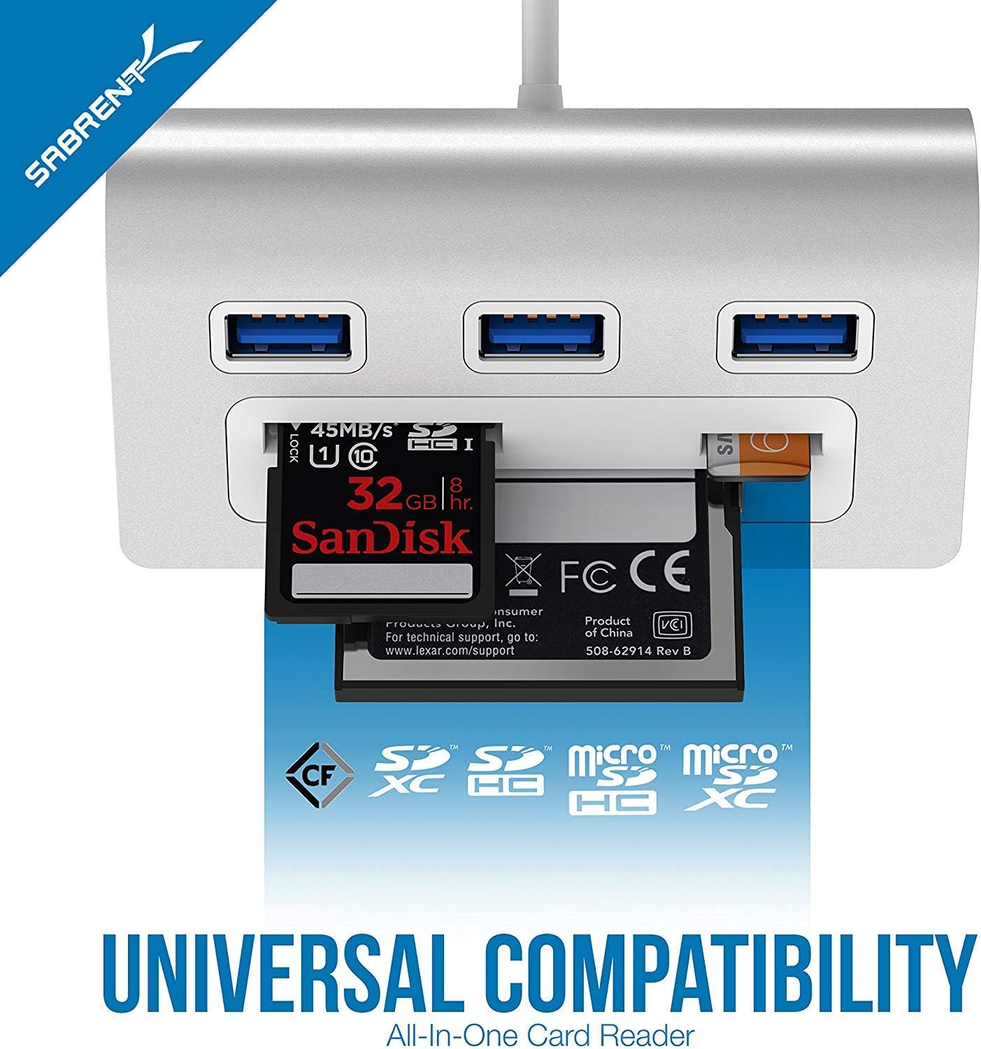 SABRENT Premium 3 Port Aluminum USB 3.0 Hub with Multi in 1 Card Reader (12" Cable) for iMac, All MacBooks, Mac Mini, or Any PC (HB-MACR)