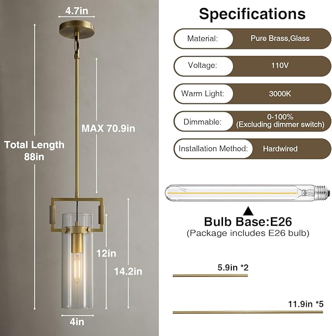 Modern Brass Pendant Lights 2 Pack, 12Inch Glass Farmhouse Island Lighting for Kitchen, Dining Room, Bathroom, and Bedroom