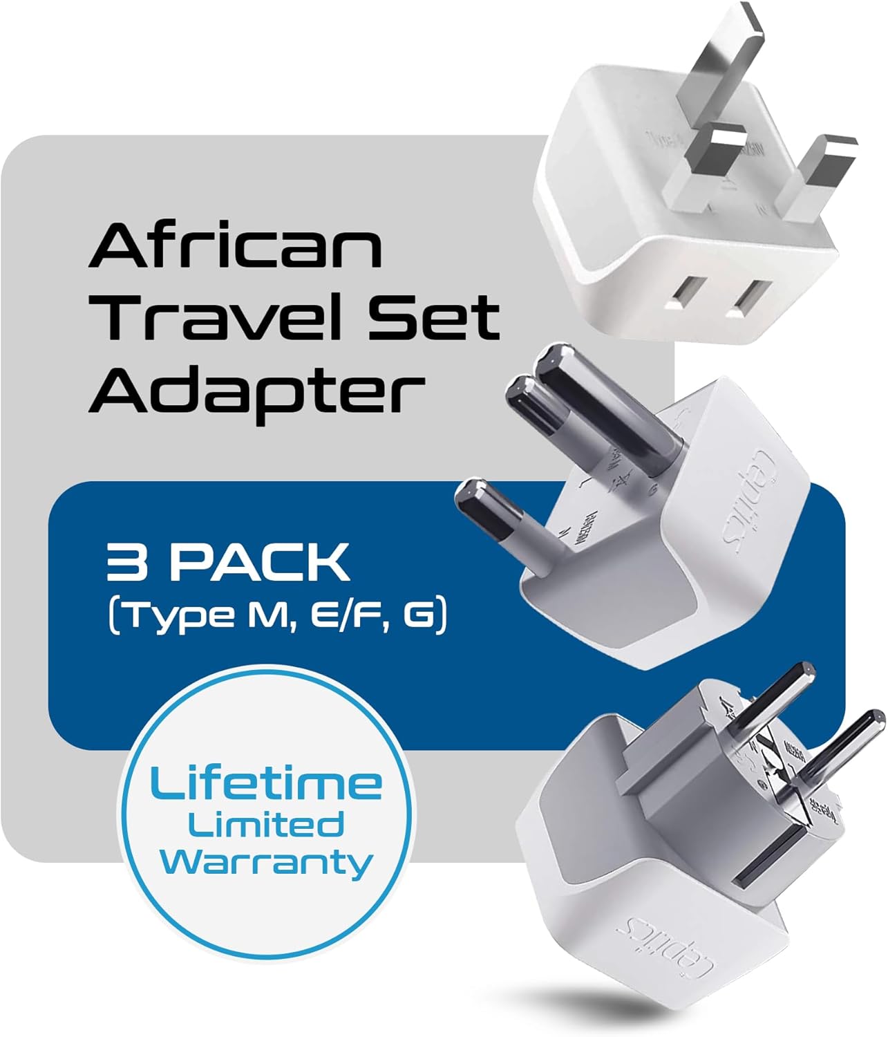 Ceptics African Travel Adapter Set 2 in 1 USA to Africa, S. Africa, Nigeria, Ghana, Uganda (Type M, E/F, Type G) - 3 Pack (Does Not Convert Voltage)