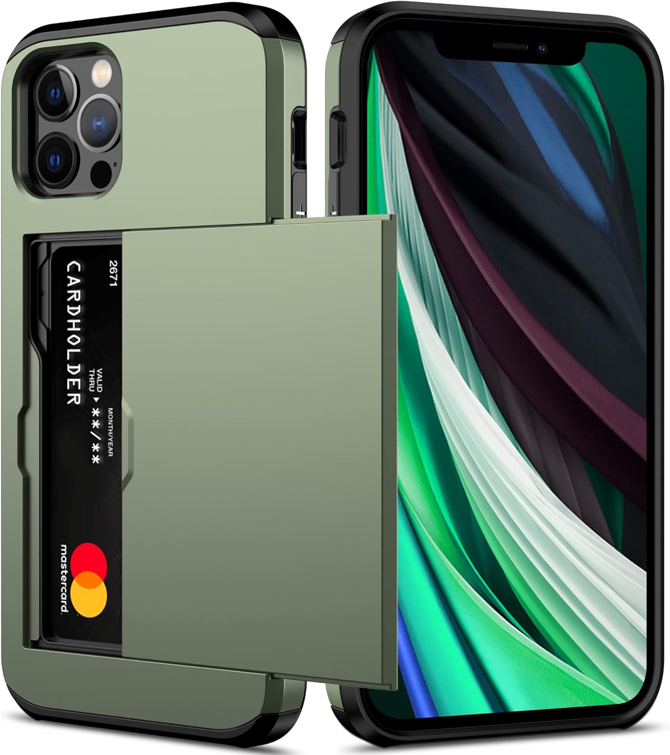Nvollnoe for iPhone 12/iPhone 12 Pro Case with Card Holder Heavy Duty Protective Dual Layer Shockproof Hidden Card Slot Slim Wallet Case for iPhone 12/12 Pro for Men&Women(Green)